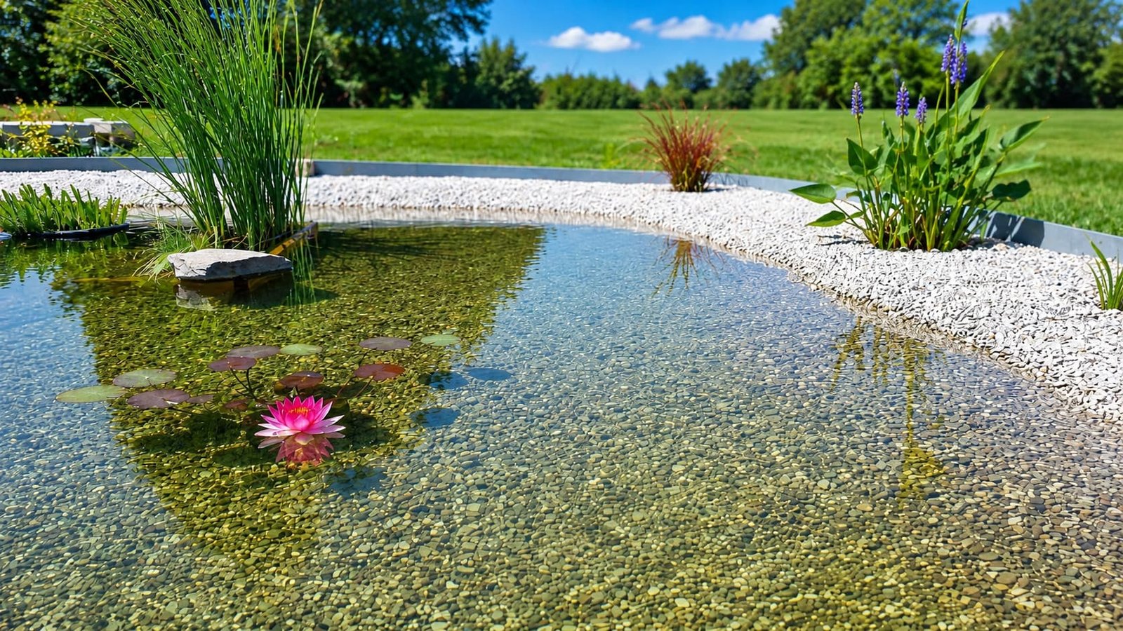 De natuurlijke zwemvijver met witte kiezeloever, riet en een bloeiende waterlelie