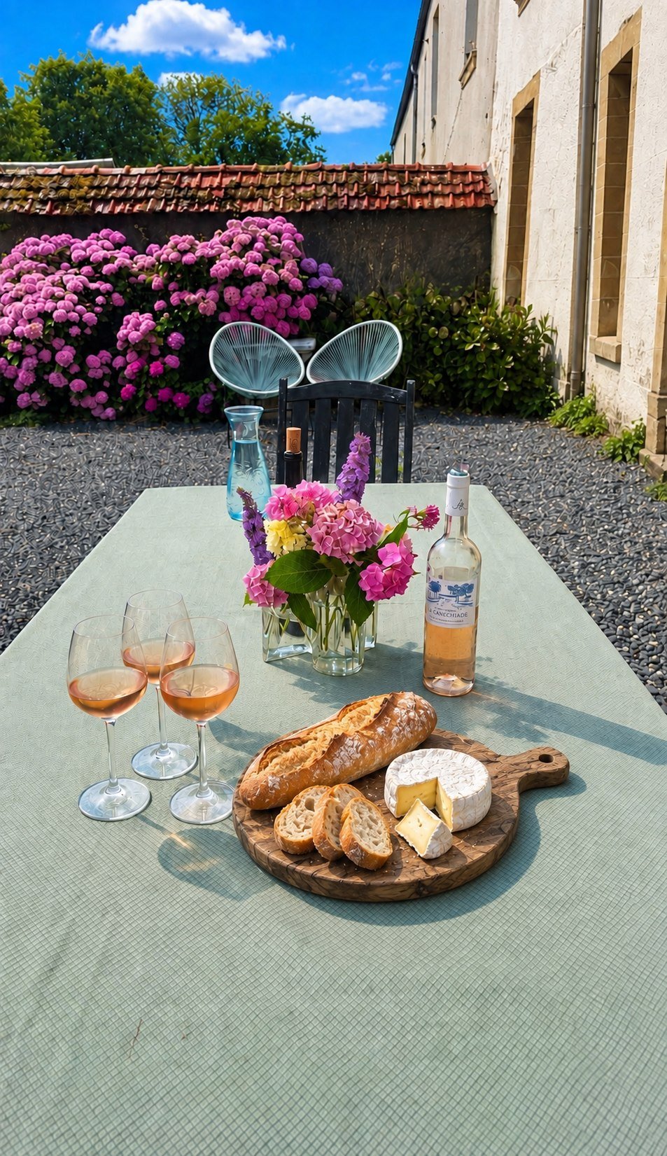 Een tuintafel met bloemen, rosé, stokbrood en camembert op een houten plank bij Le Paradis Normand