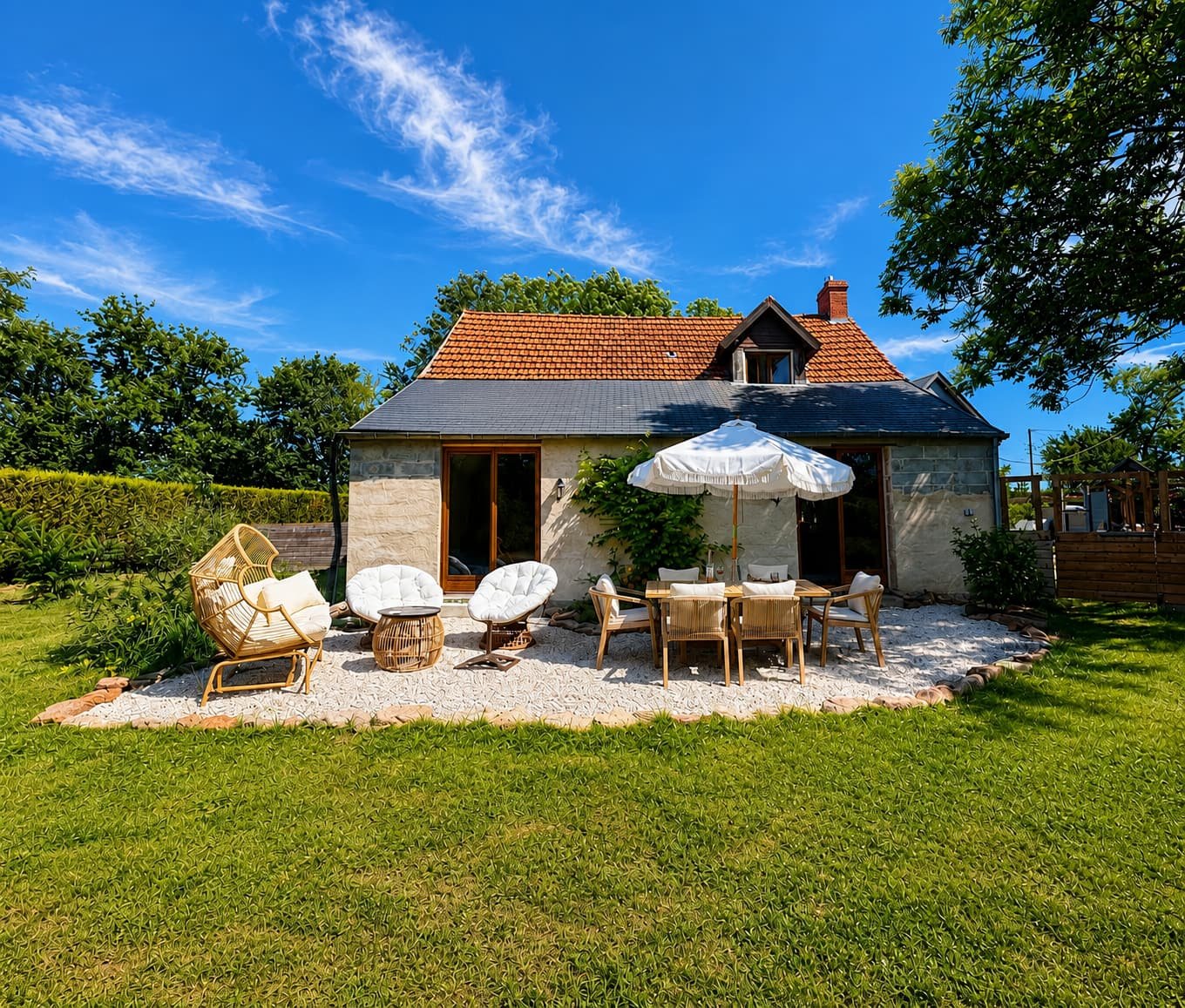 Een van de gîtes aan de vijver in avondlicht