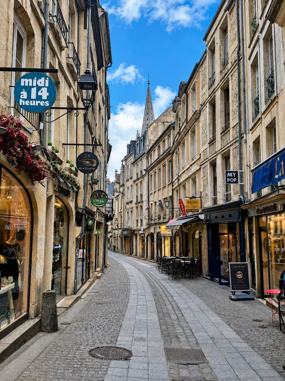 A shopping street in the centre of Caen with terraces and limestone facades
