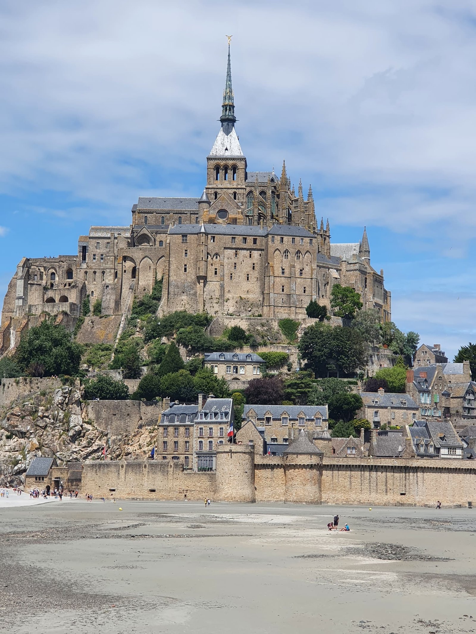 The abbey of Mont-Saint-Michel above the rooftops of the village